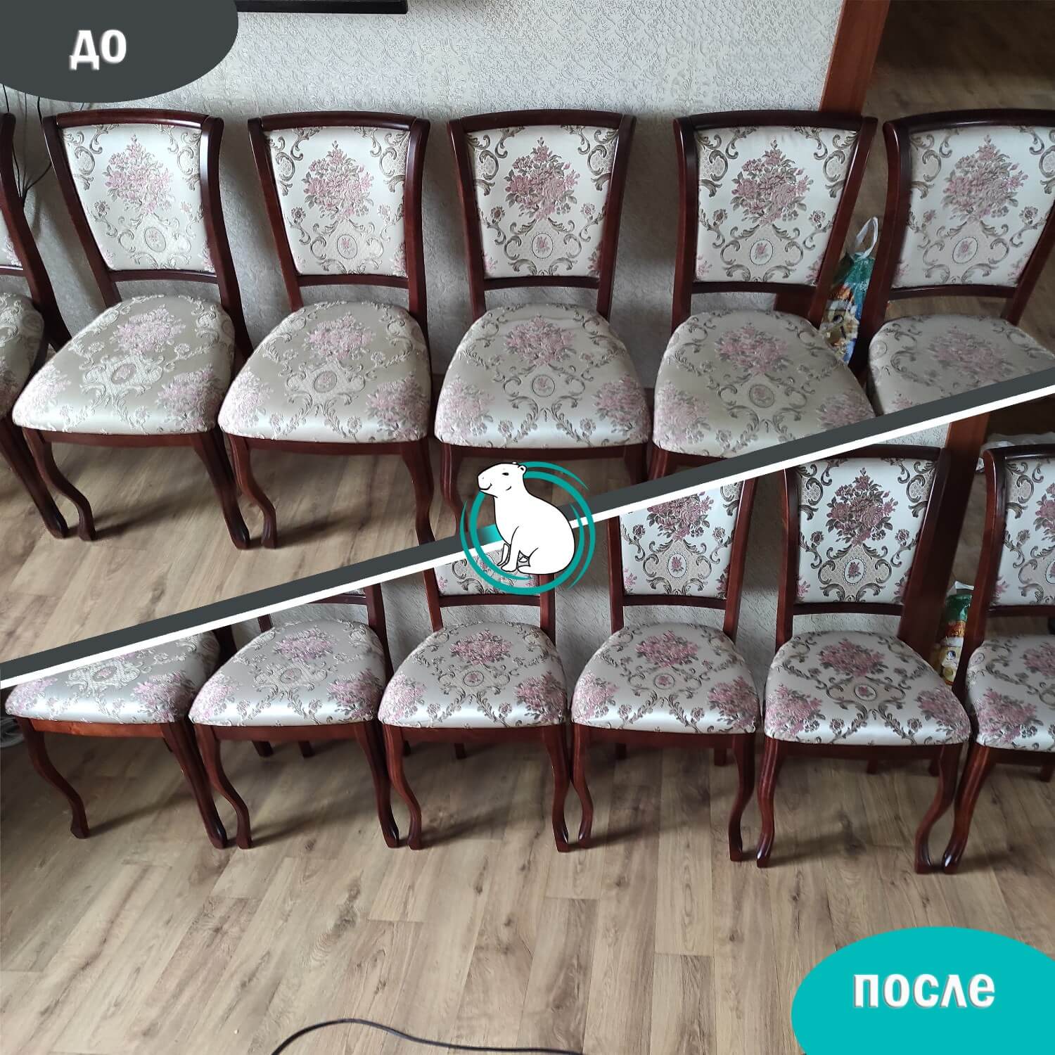 Обивка стульев до и после химчистки